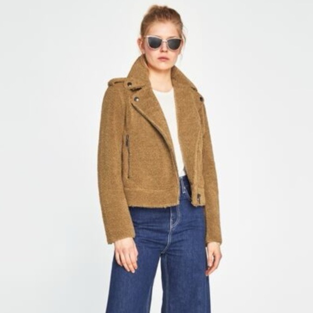 ZARA WOMAN CAMEL FAUX FUR BIKER Crop JACKET Sz XS
